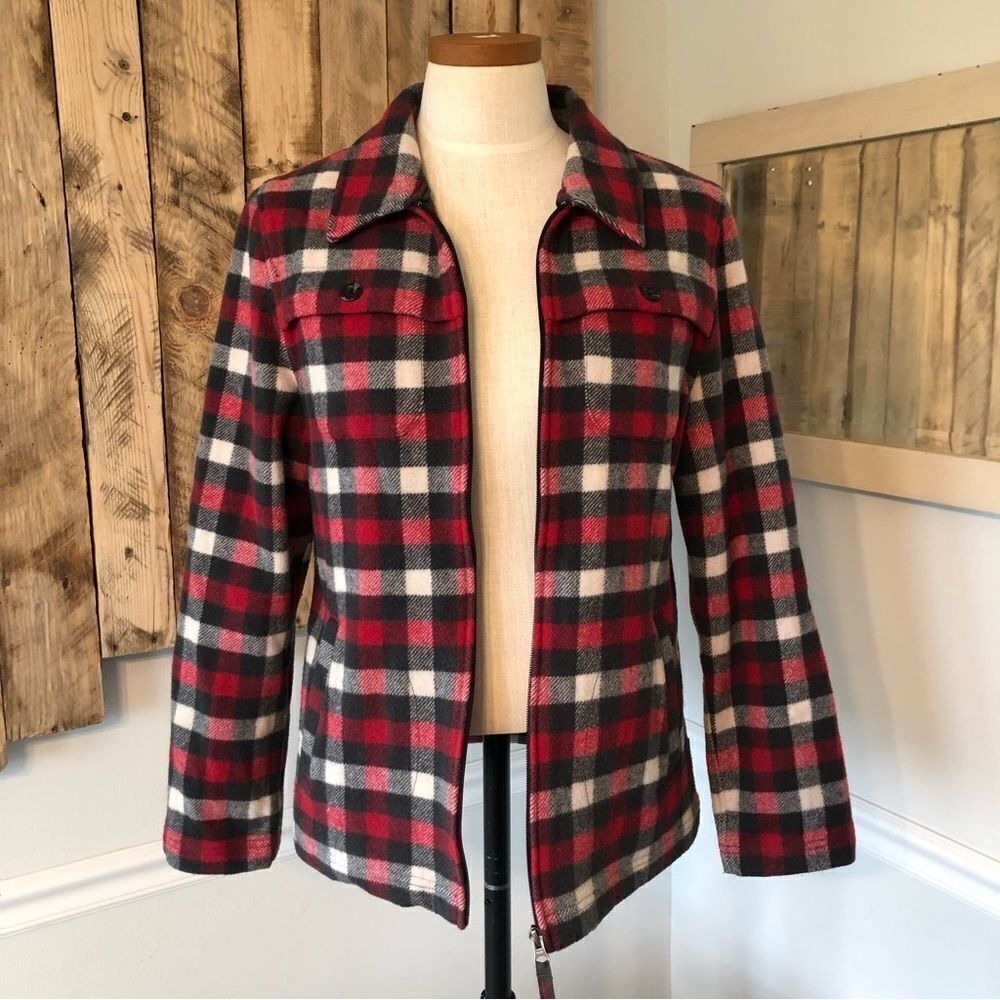 Woolrich Jacket Womens M Red Plaid Wool Blend Full Zip Buffalo Check Pockets